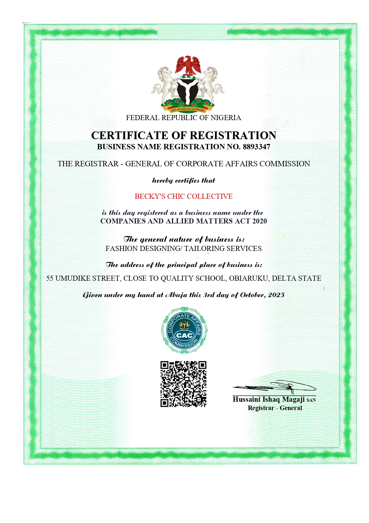 Certificate of Registration
